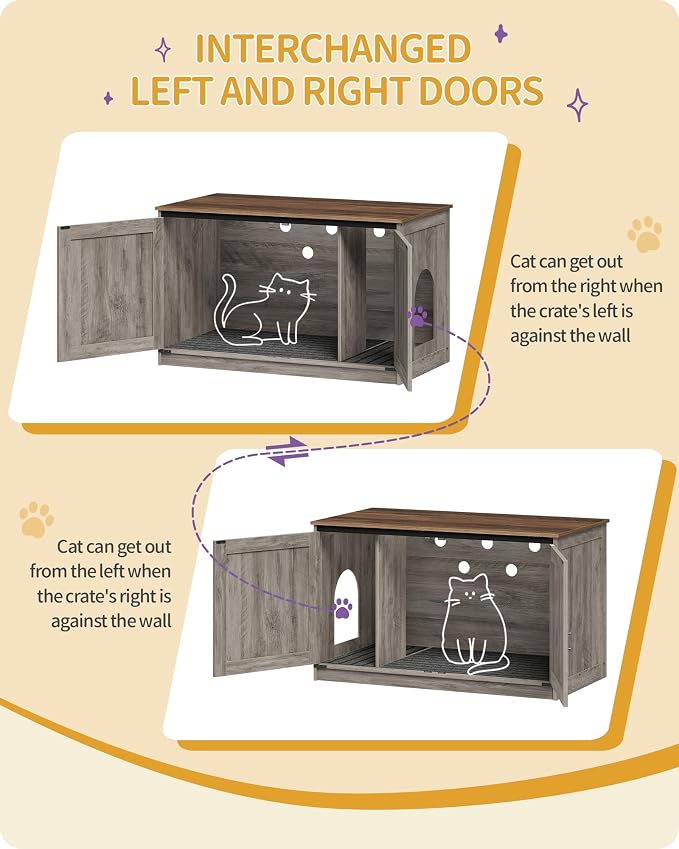 Hzuaneri Cat Litter Box Enclosure, Hidden Litter Box Furniture with Divider | Wooden Cat Cabinet with Removable Dividers, Reversible Entrance Left or Right Side, Cat Washroom, Greige CB84705X