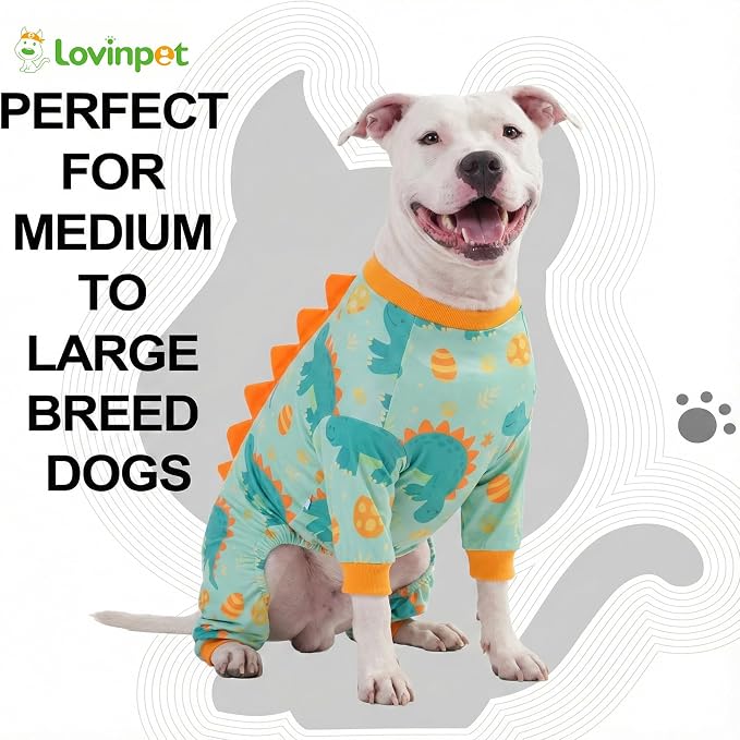 LovinPet Large Dog Pajamas, Four-Leg Stretch Onesie Bodysuit, Lightweight UV-Shielding Pajamas, Anti-Lick Calming Recovery Suit for Surgery, Pull-On for Medium and Large Breeds,Green Orange,XXL
