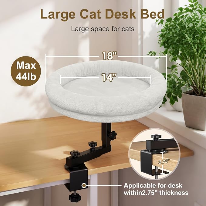Desk Cat Bed, 18" Cat Bed for Desk, 360° Rotating, White | Cat bed desk with plush cushion, reinforced frame and adjustable position for home or office desks.
