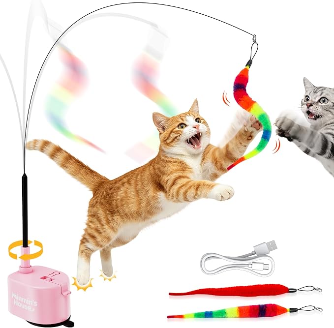 Interactive Cat Toys For Indoor Cats, 360° Flying Automatic Cat Toy, Pink | Rechargeable, Strong Suction Base, Self-Play & Handheld, Electric Spin Game Enrichment Toy, Long Kitty Wand for Bored Cats