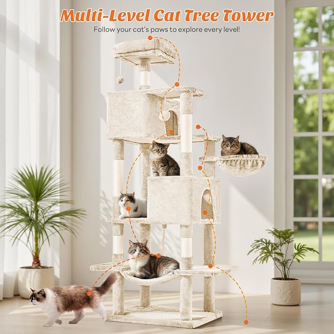 Large 66 Inch Cat Tree Tower for Indoor Catss, Beige | Multi-Level Tall Cat Tree Tower with Condo, Perches, Sisal Scratching Posts and Hammock, Pet Play House with Dangling Balls