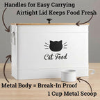 Metal Cat Food Container with Scoop, 15lb (50 Cup) w/ Airtight Bamboo Lid | 15 lb / 50 Cup Capacity, 1 Cup Metal Scoop, Durable Powder Coated Iron Body, Rubber Lined Bamboo Lid, Sturdy Metal Handles