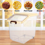 4 Pcs Rice Storage Containers Bulk Flour Sugar Container Wheels Measuring Cups Set Airtight Pet Dog Cat Birds Food Bin Grain Cereal Organizer Box for Dry Baking (Beige,38 lb)