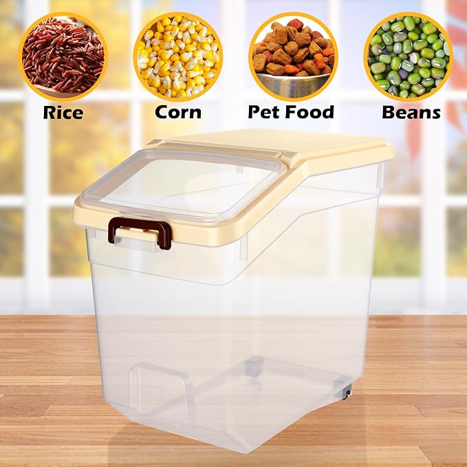 4 Pcs Rice Storage Containers Bulk Flour Sugar Container Wheels Measuring Cups Set Airtight Pet Dog Cat Birds Food Bin Grain Cereal Organizer Box for Dry Baking (Beige,38 lb)