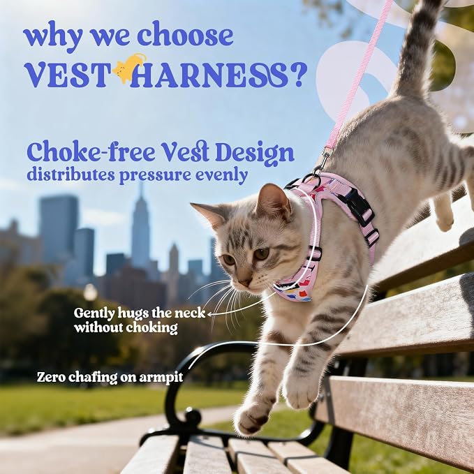 rabbitgoo Cat Harness and Leash Set, Escape Proof Vest, Purrty Pink | Soft Breathable Mesh, Easy Adjustable Fit, Snap Buckles, Sturdy Clip, Reflective Strips, for Small & Average Cats Walks, Xs