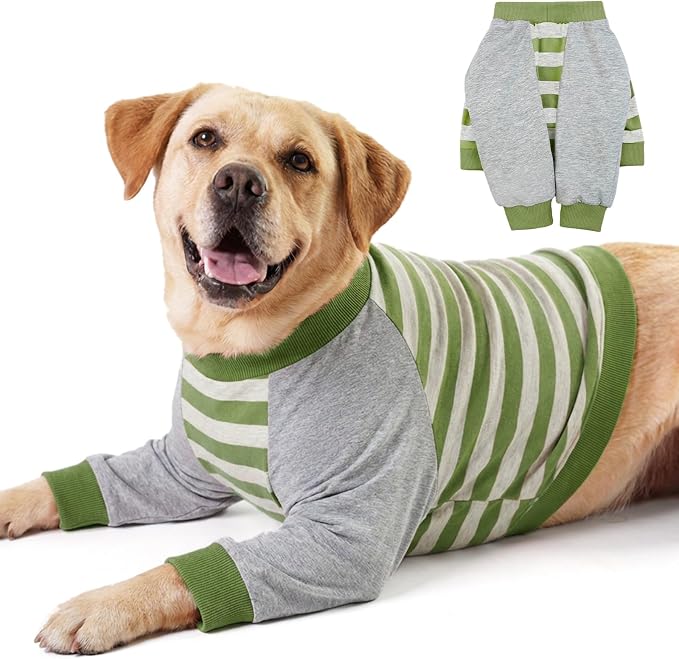 FUAMEY Dog Recovery Sleeve with Elbow Protector, Green Stripes, 3XL | Stop Licking Joints Shirt, Pet Long Sleeve Suit, Protecting Front Leg Arm Wounds, Cover Skin Conditions, Alternative to Cone