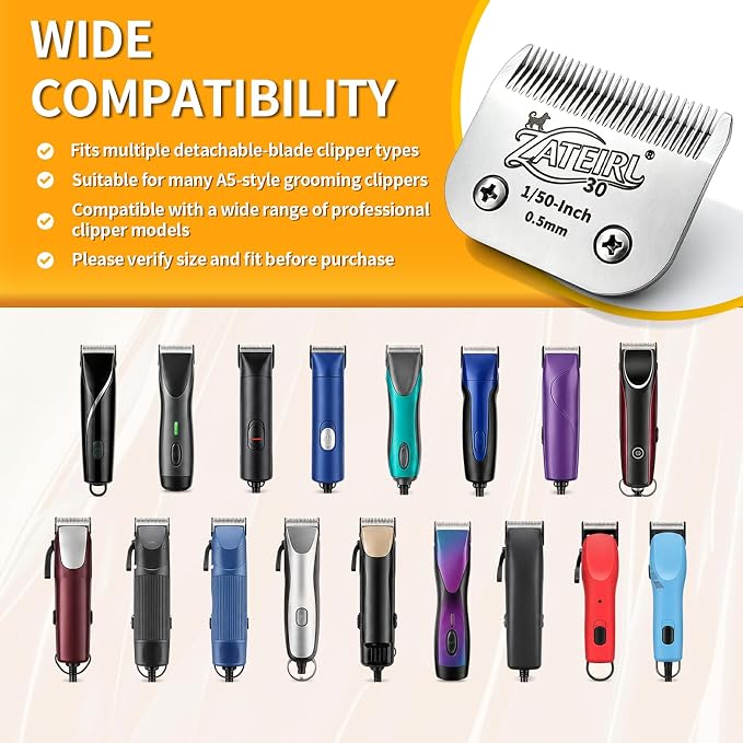 3 Pack Pet Grooming Clipper Blades with Ceramic Cutters, Sizes 10, 30 & 7FC, Silver, Compatible with Andis, Oster A5, Wahl KM10 A5 Style Dog Clippers