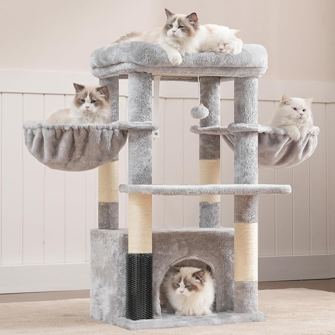Hey-brother Cat Tree Tower with Large Platform, Spacious Condo, MPJ060W | 35.4 Inches, 2 Cozy Hammocks, Self-Grooming Brush, Sisal Scratching Posts for Big Indoor Adult, Maine Coon, Light Gray