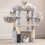 Hey-brother Cat Tree Tower with Large Platform, Spacious Condo, MPJ060W | 35.4 Inches, 2 Cozy Hammocks, Self-Grooming Brush, Sisal Scratching Posts for Big Indoor Adult, Maine Coon, Light Gray