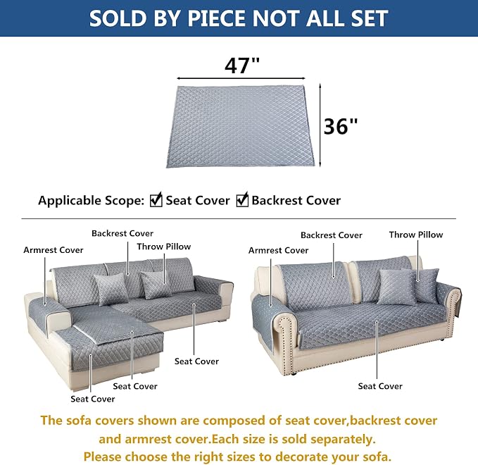 Eismodra Couch Cover,Sectional Couch Covers,Sofa Covers for 3 Cushion Couch,Anti-Slip Sofa Slipcovers for Dogs Cats Kids Loveseat Recliner L Shaped Armrest Backrest,Light Gray 36''x47''(Only 1 Piece)
