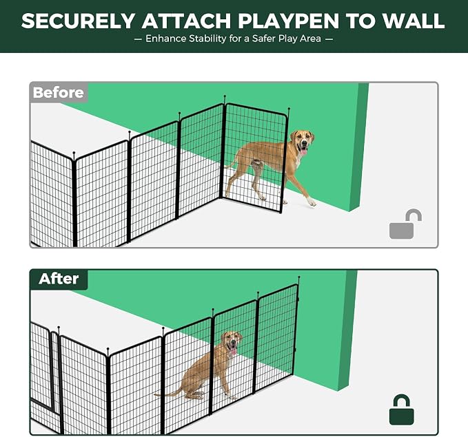 FXW Rollick Dog Playpen Wall Connection Set for Indoor and Yard, 50 Inch 16 Panels for Large Dogs with 4 Fence-to-Wall Anchors, Black | Patented