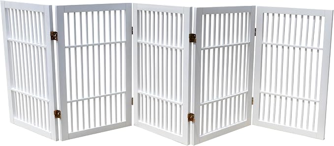 Urnporium Pet Dog Gate Freestanding, Strong Durable Folding Wooden Fence, Portable Acacia Hardwood Safety Barrier for Indoor & Outdoor Use (White Pet Gate, 5 Panel 30" Tall)