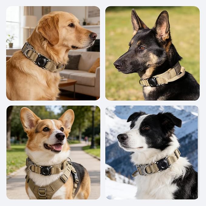 Upgraded AirTag Dog Collar,Waterproof Tactical Dog Collar with AirTag Holder, Control Handle and Metal Buckle,Heavy Duty Dog Collars for Large Dogs(Brown，M