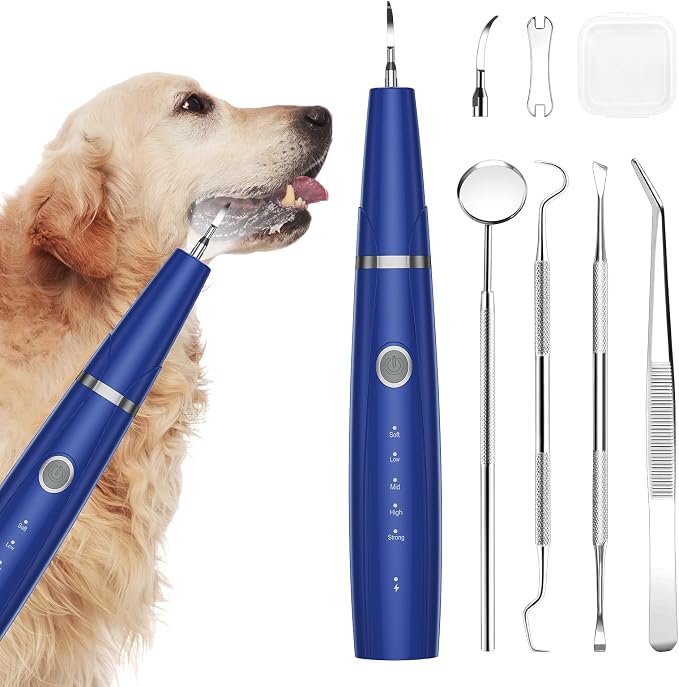 Upgraded Plaque Remover for Teeth, Electric Pet Teeth Cleaning Kit, USB Charging Dog Tooth Brushing Kit, 5 Modes, IPX6 Waterproof Pet Ultrasonic Toothbrush Cleaner for Dogs Cats (Blue)