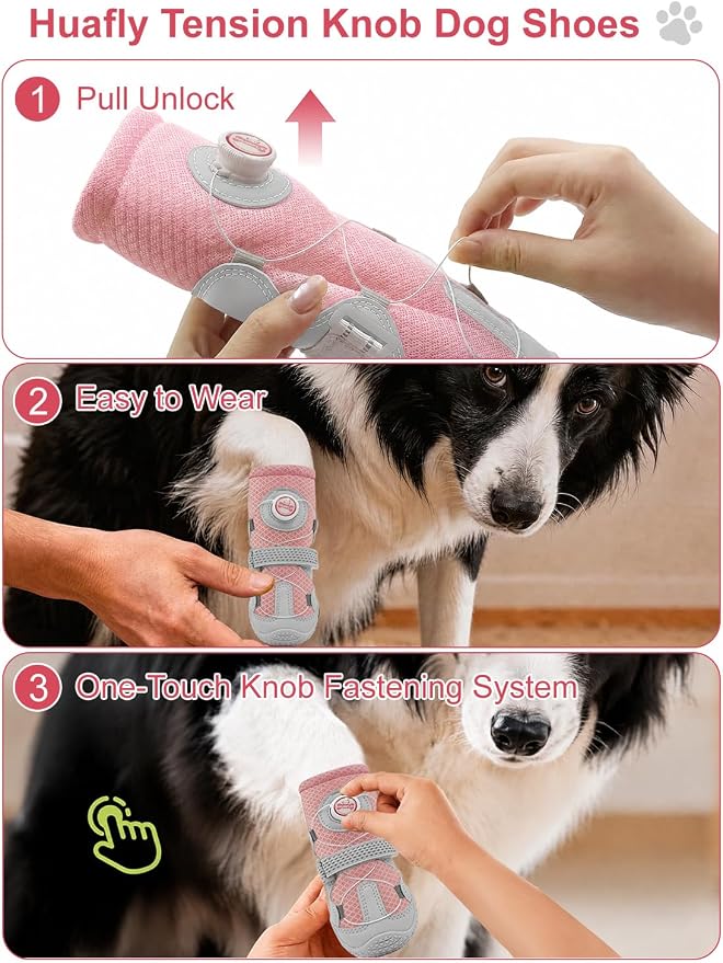 Huafly Tension Knob Dog Shoes – Twist-Lock Dog Boots & Paw Protectors for Small Medium Large Dogs,Non-Slip Sole Breathable Mesh Reflective Strap for Hiking Camping Hot Pavement & Hard Floor (Size 1)