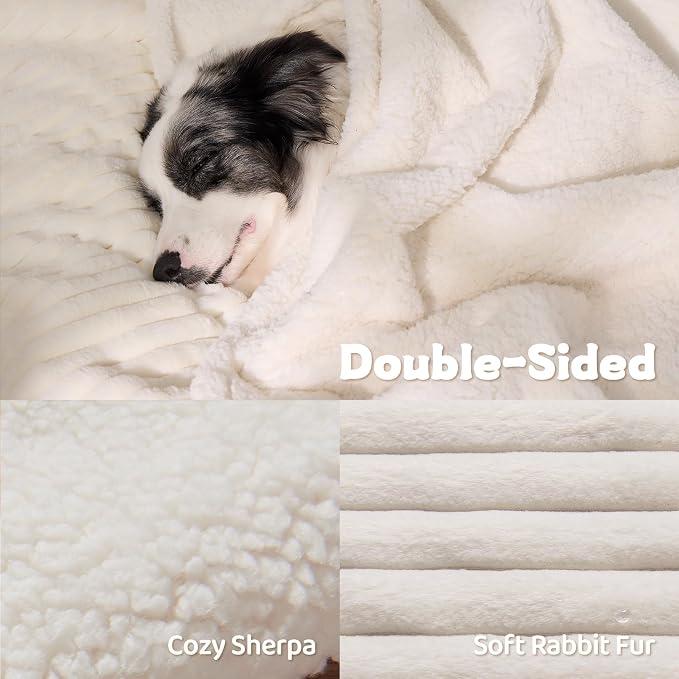 Waterproof Calming Dog Blanket for Large Dogs, Noiseless Soft Plush Pet Blanket for Bed, 500GSM Thick Faux Fur Pet Throw, Cozy Couch Furniture Protection Washable, Cream, 60x80IN