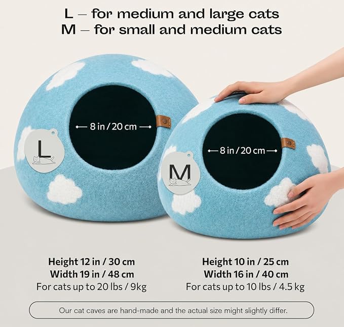 MEOWFIA Cat Cave – Premium Felt Cat Bed Enclosure for Indoor Cats, Handmade Merino Wool (Cloud Nap Blue, Medium)