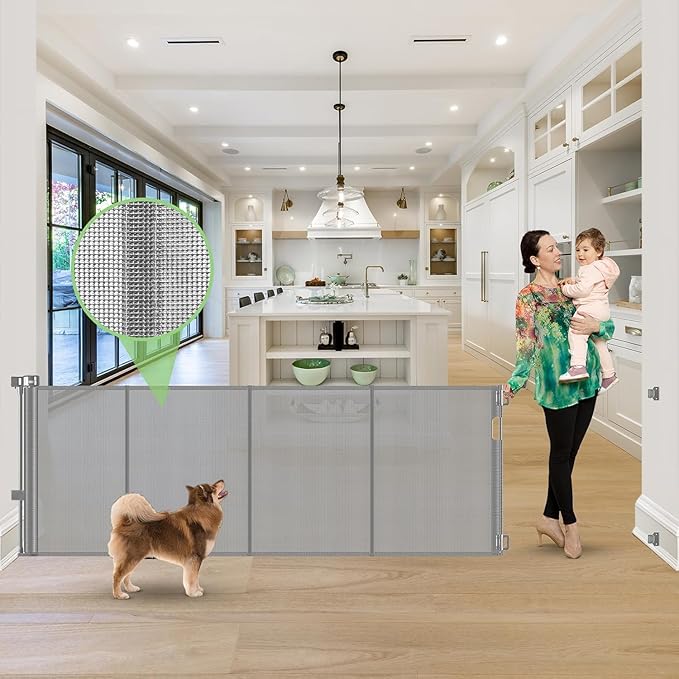 Reinforced 120" Extra Wide Baby Gates for Large Openings, Easy Install/Gray | Indoor/Outdoor Retractable Dog Gate, Prevents Crawling Under, Space-Saving, Easy to Use, Scratch-Resistant Mesh, Safety Lock