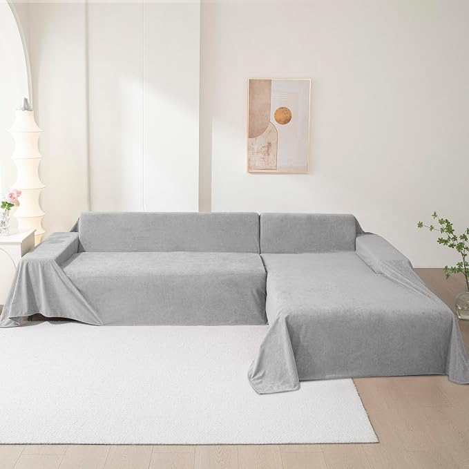 Couch Cover for 3 Cushion Sofa,Cat Scratch Proof Couch Protector Washable Sofa Covers Sectional Couch Covers for Dogs Soft L Shape Sofa Slipcover for Pets Kids, 91" x134”,Light Grey