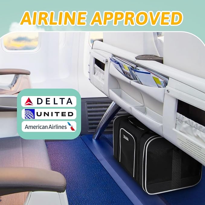Petskd Small Pet Carrier 18" L x 11" W x 11" H Airline Approved, Black | for Delta/American/United Airlines, Lockable Safety Zippers and Anti-Scratch Mesh, Pets Under 10 lbs