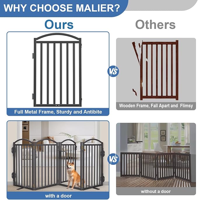 Malier Metal Freestanding Dog Gates, Outdoor Indoor Dog Fences, Extra Wide Foldable Puppy Gate for Stairs, Hallways, Yard