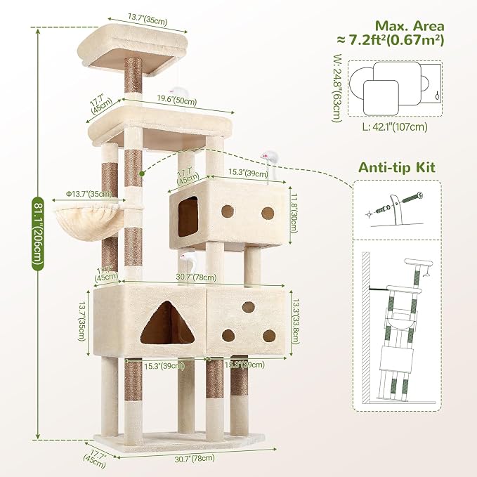Globlazer Extra Large Cat Tower, 81-inch Tall Cat Tree for Big Cats 20 lbs, XXL Heavy Duty Cat Scratching Tower for Indoor Adult Cats with 3 Cat Condos, 8 Scratching Posts, F81, Beige