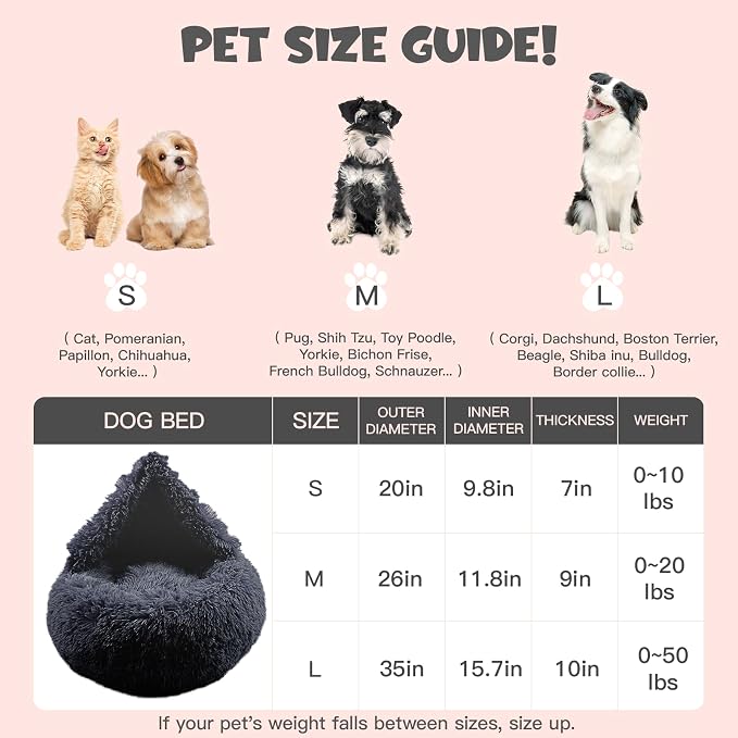 Himax Covered Large Dog Bed with Blanket Attached Calming Burrow Deep Grey | 35in Anti-Anxiety Donut dog bed with cover, Washable Round Fluffy Pet& Cat Beds for Indoor