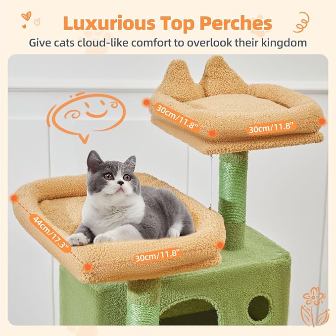 Taoqimiao Cactus Cat Tree, 71 in Extra Large Cat Tower for Inddor Cats | 2 Large Cat Condos, 2 Cute Perches, Metal Frame Cozy Hammock, Durable Scratch Board, 8 Natural Sisal Posts, Basket, MSC026L