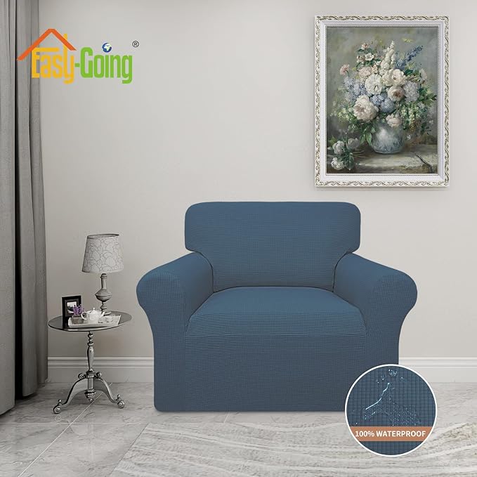 Easy-Going 100% Waterproof Oversized Chair Couch Cover, Stretch Sofa Cover | Dual Waterproof Sofa Slipcover, Leakproof Furniture Protector Against Stain Spill from Kids, Pets, Dog, Bluestone