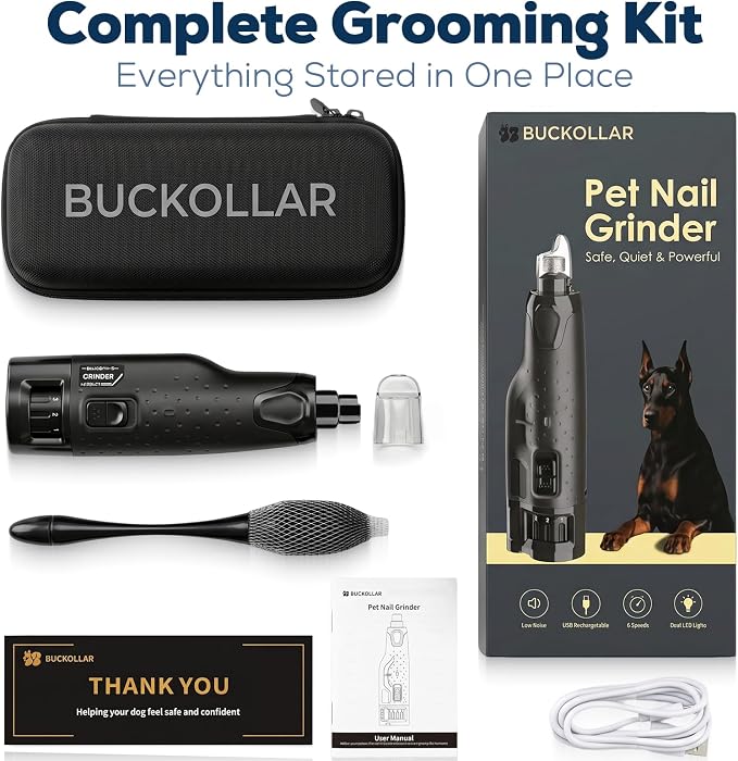 Dog Nail Grinder for Large Dogs, Quiet 6-Speed with LED Light | Low-vibration, powerful grinding, rechargeable design, and dust guard for cleaner, more comfortable at-home nail care