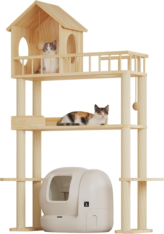 Wood Cat Tower for Automatic Litter Box, 4 Tier Cat Tree, 60 Inch | Multi-Level Solid Wood Cat Tree for Indoor Large Cats, Tall Cats Scratching Post Furniture w/Cats House, Burlywood