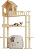 Wood Cat Tower for Automatic Litter Box, 4 Tier Cat Tree, 60 Inch | Multi-Level Solid Wood Cat Tree for Indoor Large Cats, Tall Cats Scratching Post Furniture w/Cats House, Burlywood