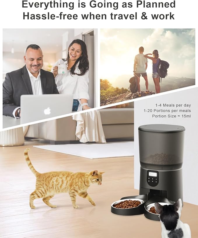 Automatic Cat Feeders for 2Cats, 6L/25cup Automatic Cat Food Dispenser with 2 Stainless Pet Bowls,10s Meal Call Timer Setting 20 Portions 6Meals Per Day, Timed Pet Feeder for Cats Dog Indoor Dry Food