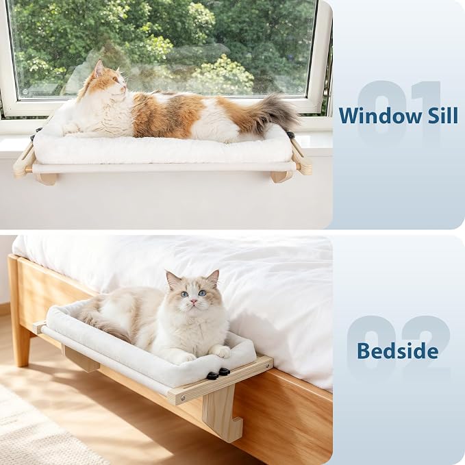 Cat Sill Window Perch - 100% Natural Pine Frame, Plush Fleece Cushion, Tool-Free Adjustment, Supports 55 lbs (Extra Large-White)