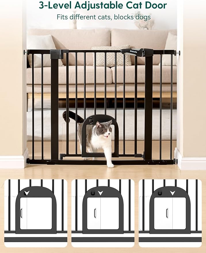 Babelio 29-48" Extra Wide Baby Gate with Adjustable Cat Door, CatPrivilege Ⅲ, Easy Install Pressure/Hardware Mounted, Auto Close Pet Door for Stairs, House, Doorways, Effortless Walk Thru, Black | Adjustable Small Pet Door, Easy Install Pressure/Hardwa...