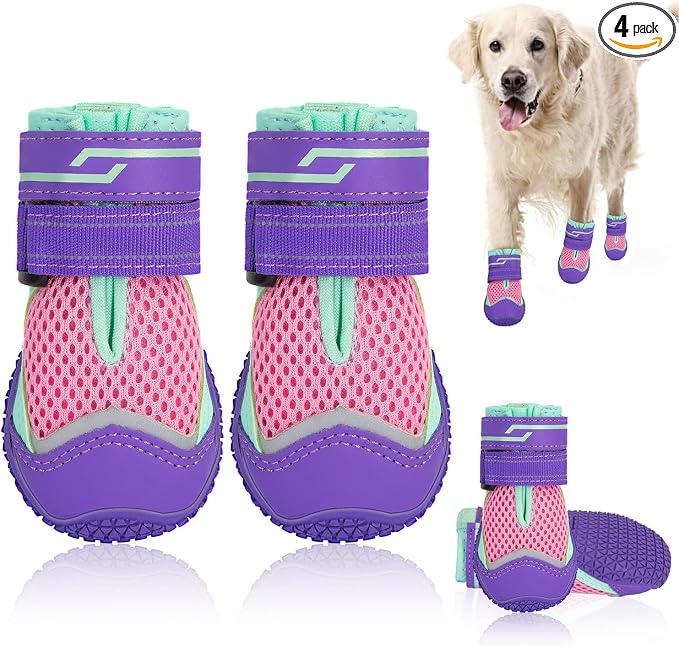 SlowTon Dog Shoes for Large Small Medium Dogs - Breathable Dog Boots for Summer Hot Pavement, Paw Protector for Outdoor Walking Winter Snow, Anti-Slip Rubber Dog Booties for Hardwood Floor (Pink, 3)