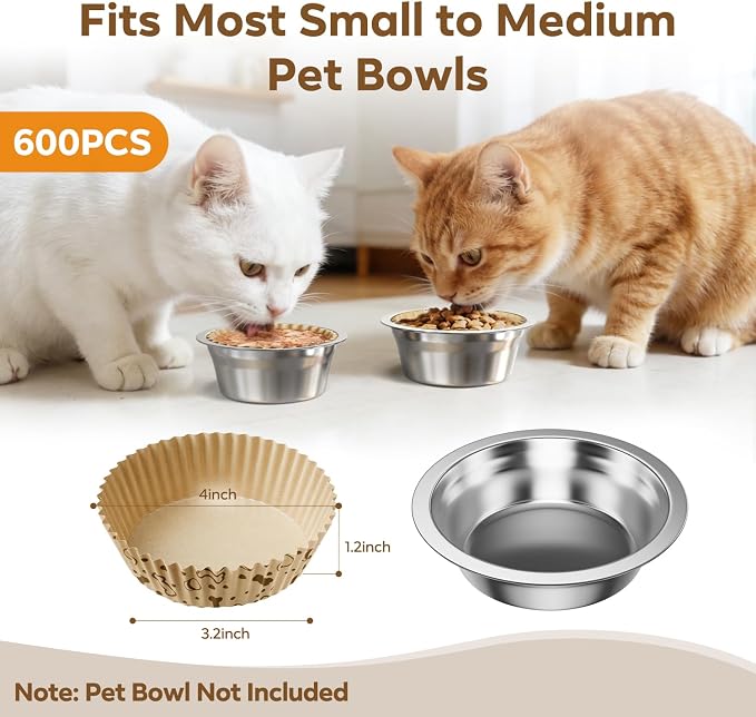 600 PCS Disposable Pet Feeding Bowls Bulk for Cats & Dogs, Leak Resistant | Printed Paper Cat Food Bowl Liners, Wet & Dry Food, Small Pet Bowl Covers, Easy Clean Feeding Supplies, Brown Pattern