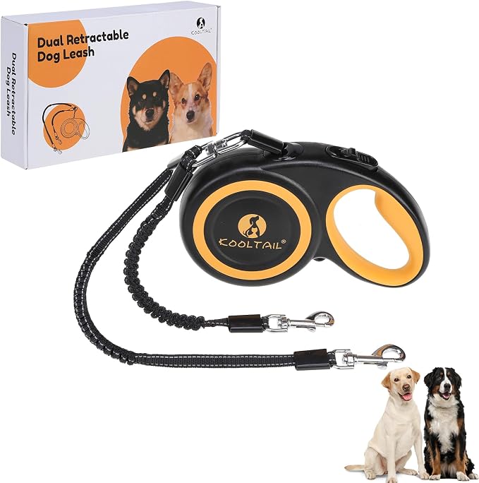 KOOLTAIL Dual Retractable Dog Leash for Two Dogs Up to 110 Lbs, Heavy Duty Double Headed 16 ft Extendable 360° Tangle-Free One Button & Lock Leash Shock Absorbing Bungee for Small Medium Large Dogs