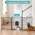 No Pawblems Full Metal Freestanding Dog Gate with Cat Door, 30" Tall | Foldable Pet Gate for Indoor/Outdoor, Zoned management, Dog Fence for Families with Multiple Pets, 78" Wide, 3 Panels, Black