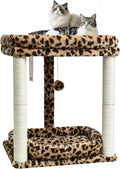 SYANDLVY Leopard Print Cat Tree with 2 Levels Perch Platforms for Kittens | Natural Sisal Scratching Post Tower with Hanging Bell Ball & Anti-Tip Strap, Stable Cat Furniture for Indoor Cats