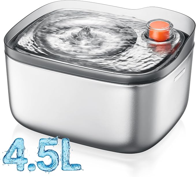 Stainless Steel Cat Water Fountain, 4.5L Automatic for Cats and Dogs Indoor | 20dB Ultra-Quiet Pump | Visible Water Level Window | 3-Stage Filtration | BPA-Free | Dishwasher Safe | Brush Included