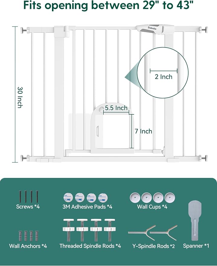 Babelio Baby Gate with Adjustable Cat Door, CatPrivilege III, 29-43" | Auto-Close, Pressure Mounted with No Drilling, Dual Lock Safety Gates For Stairs, Doorways and House, Easy Walk Thru, White