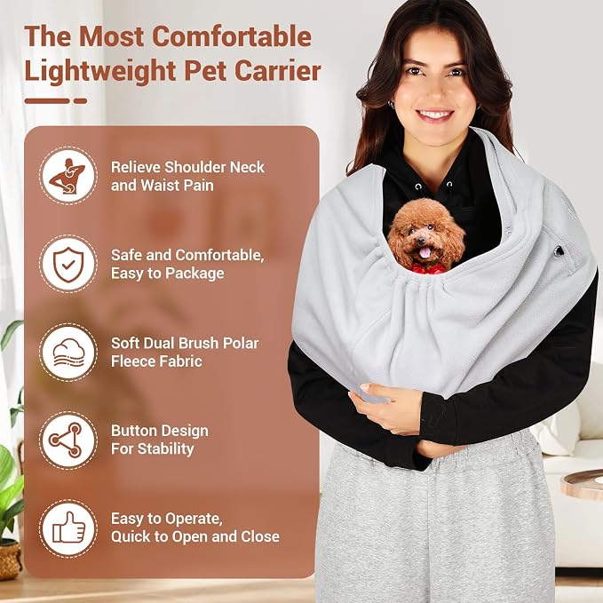 Cat Sling Carrier, Hands-Free Pet Sling for Small Dogs & Cats | Ultra-soft polar fleece, machine washable, fits 3-14 lbs, Perfect for indoor snuggling & outdoor walks, Large, Grey