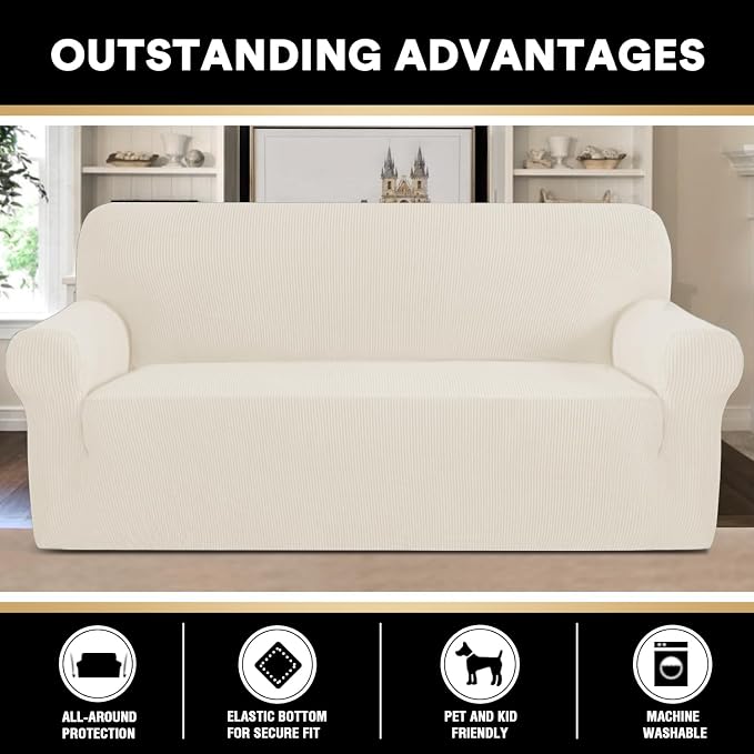 Stretch Sofa Slipcover 1 Piece Sofa Cover for 3 Cushion Couch Furniture Protector/Cover Couch with Elastic Bottom Soft and Durable Sofa Cover Pet Protector (Sofa, Cream)