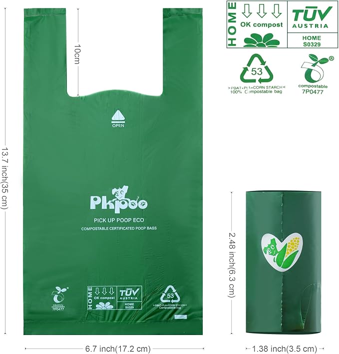 Pkpoo 100% Compostable Dog Poop Bags with Handles, Extra Wide, Vegetable-Based Large Poop Bags for Dogs, Biodegradable Waste Bags for Poo, Cat Litter, Diaper Sacks, Unscented, 180 Counts