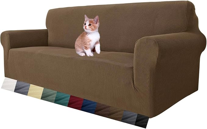 MAXIJIN Super Stretch Couch Cover for 3 Cushion Couch, 1-Piece Universal Sofa Covers Living Room Jacquard Spandex Furniture Protector Dogs Pet Friendly Fitted (Large, Brown)