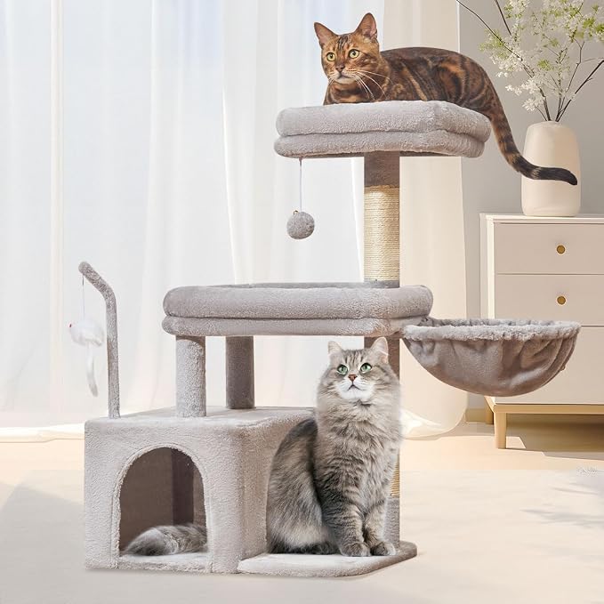 Taoqimiao 32.2in Cat Tree with Toy, Small Cat Tower for Indoor Cats, MS043W | Easy assembly, Sturdy, Multi Level, Easy Clean, Cozy Condo, Perches, Baskets, Suitable for Kittens and Adult Cats