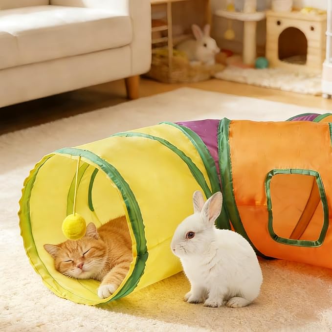 H-4-Way Collapsible Cat Bunny Tunnel, with Cushion, Indoor Entertainment, Washable Tear-Resistant Pet Hideout Tube with Interactive Playing Balls, for Kittens, Rabbits, Puppies