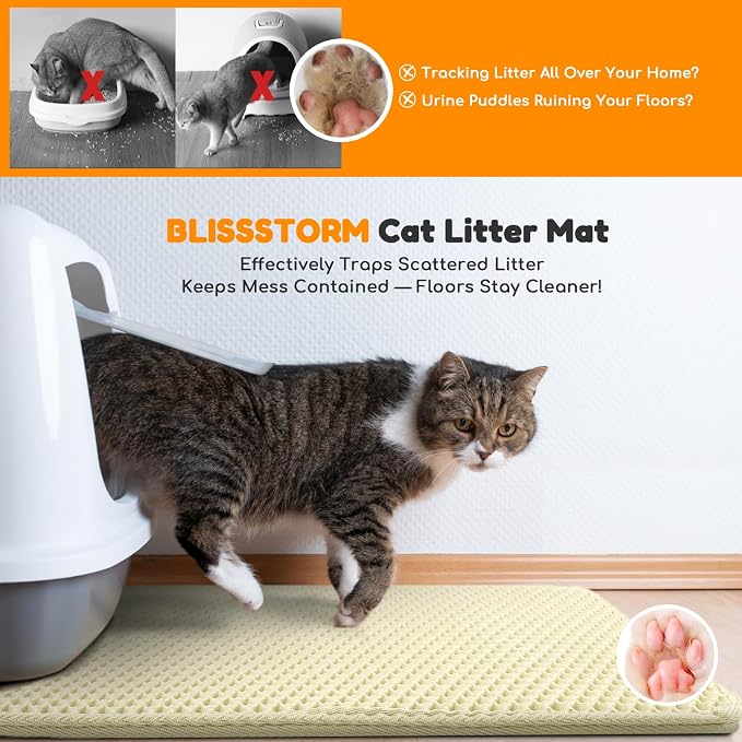 Cat Litter Mat 35"x24",Double Layer EVA Litterbox Mat Cream | Extra Large Honeycomb, Waterproof & non-slip, Odor-free, easy clean, washable durable floor protector,scatter control