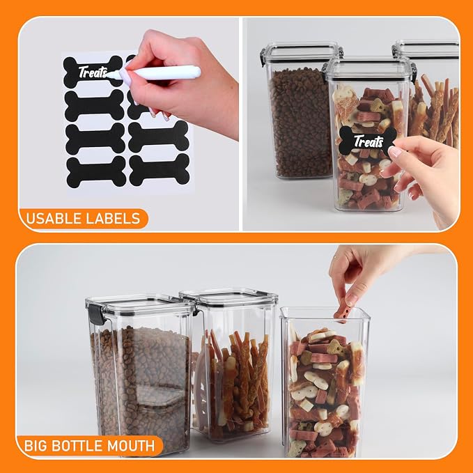 3Pack Pet Food Storage Containers, Airtight Dog Food Storage Container with Locking Clips, Dog Treat Container with a Stickers & Pen for Customizing , for Pet,Bird Seeds,Dog & Cat Treats(Black)